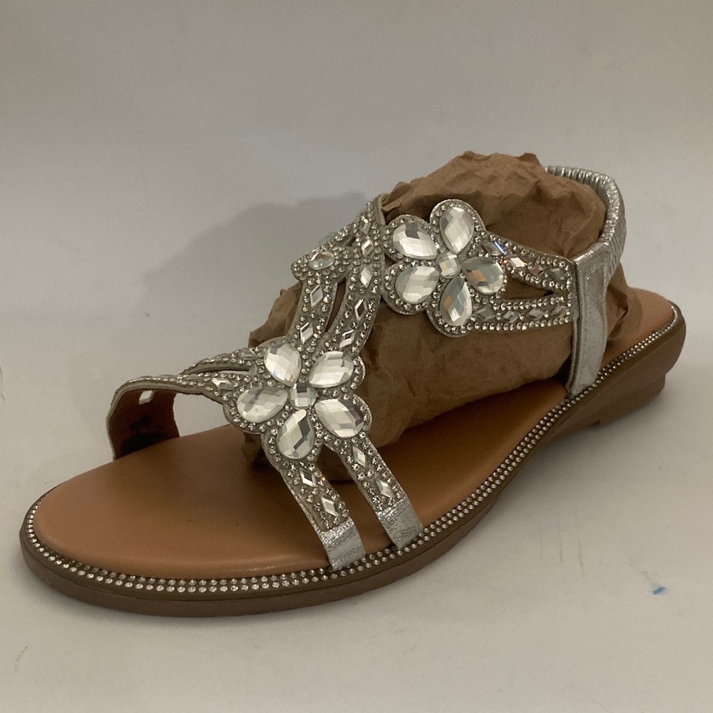 Rosy Womens Flower-Accent Ankle Strap Sandals Silver Size 8 M US